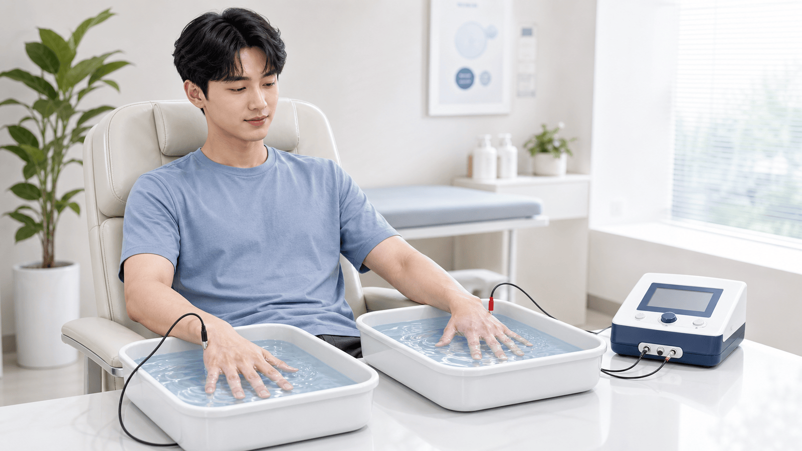 물이 담긴 두 개의 쟁반에 손을 담그고 이온영동 기기에 연결한 남성