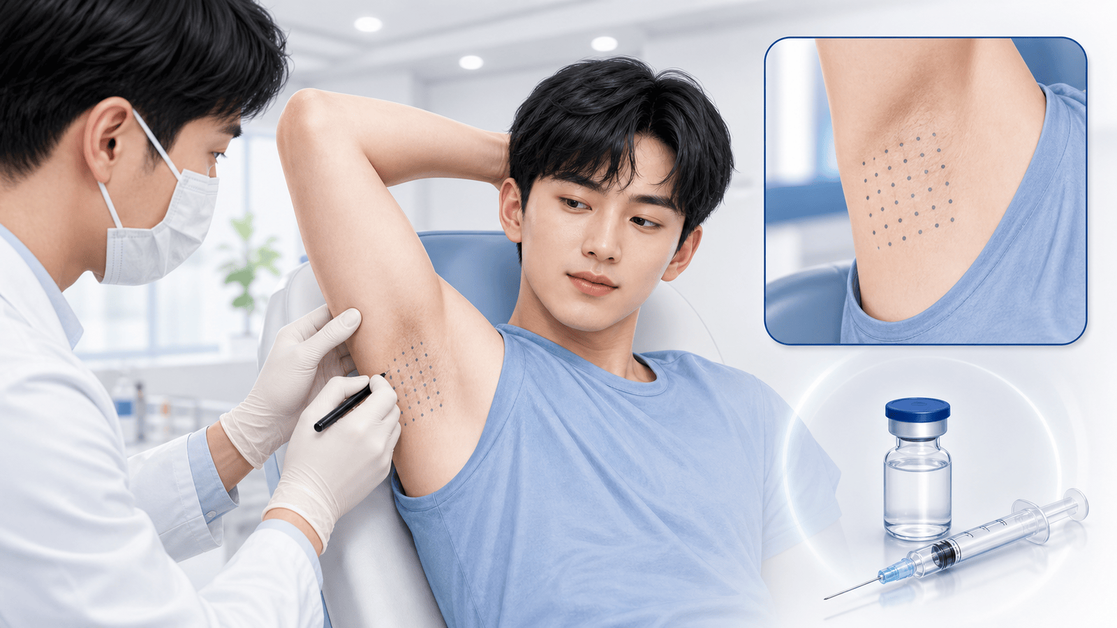 의료진이 겨드랑이에 격자 표시를 하고 주사를 준비하는 모습